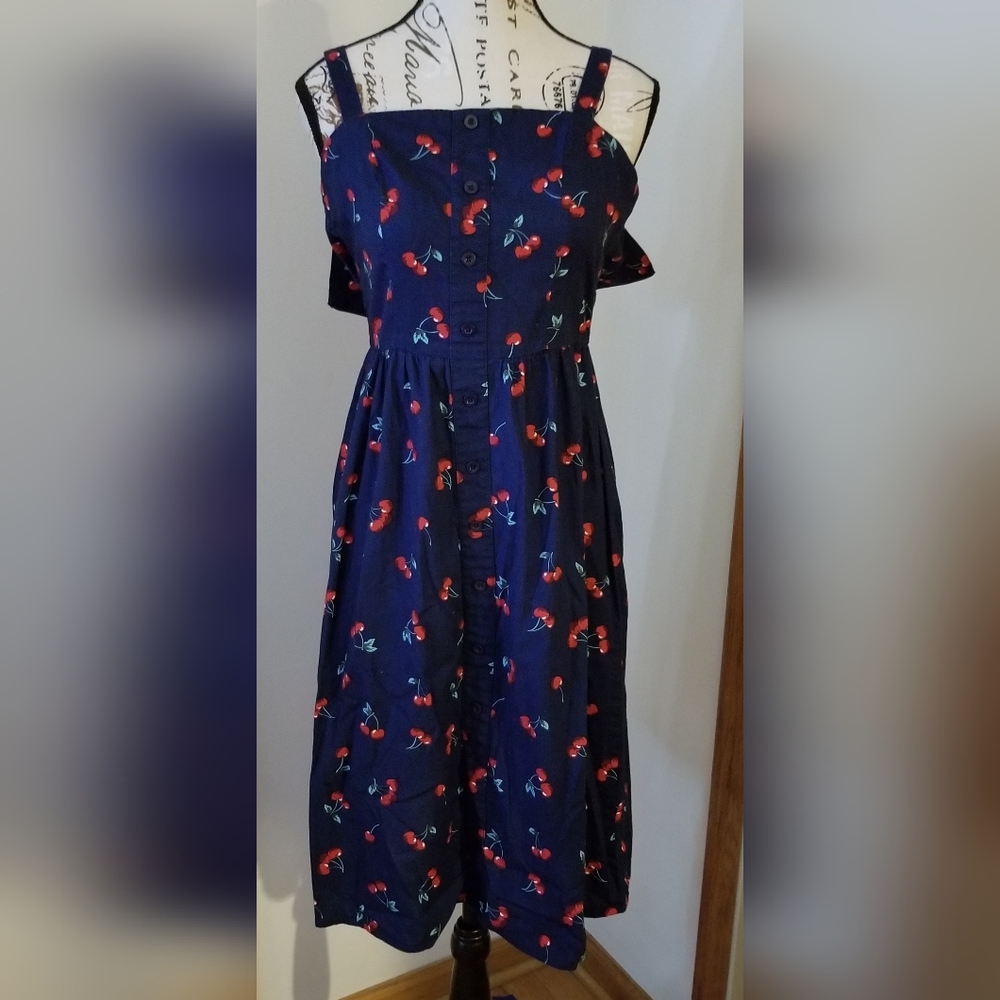 Navy Blue Sleeveless Cherry Print Button Front Midi SunDress  XS Novelty Cotton